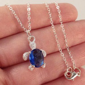 Silver Mystic Blue Diamond Zircon Beaded Sea Turtle Pendant Necklace 2.54ctw 17"